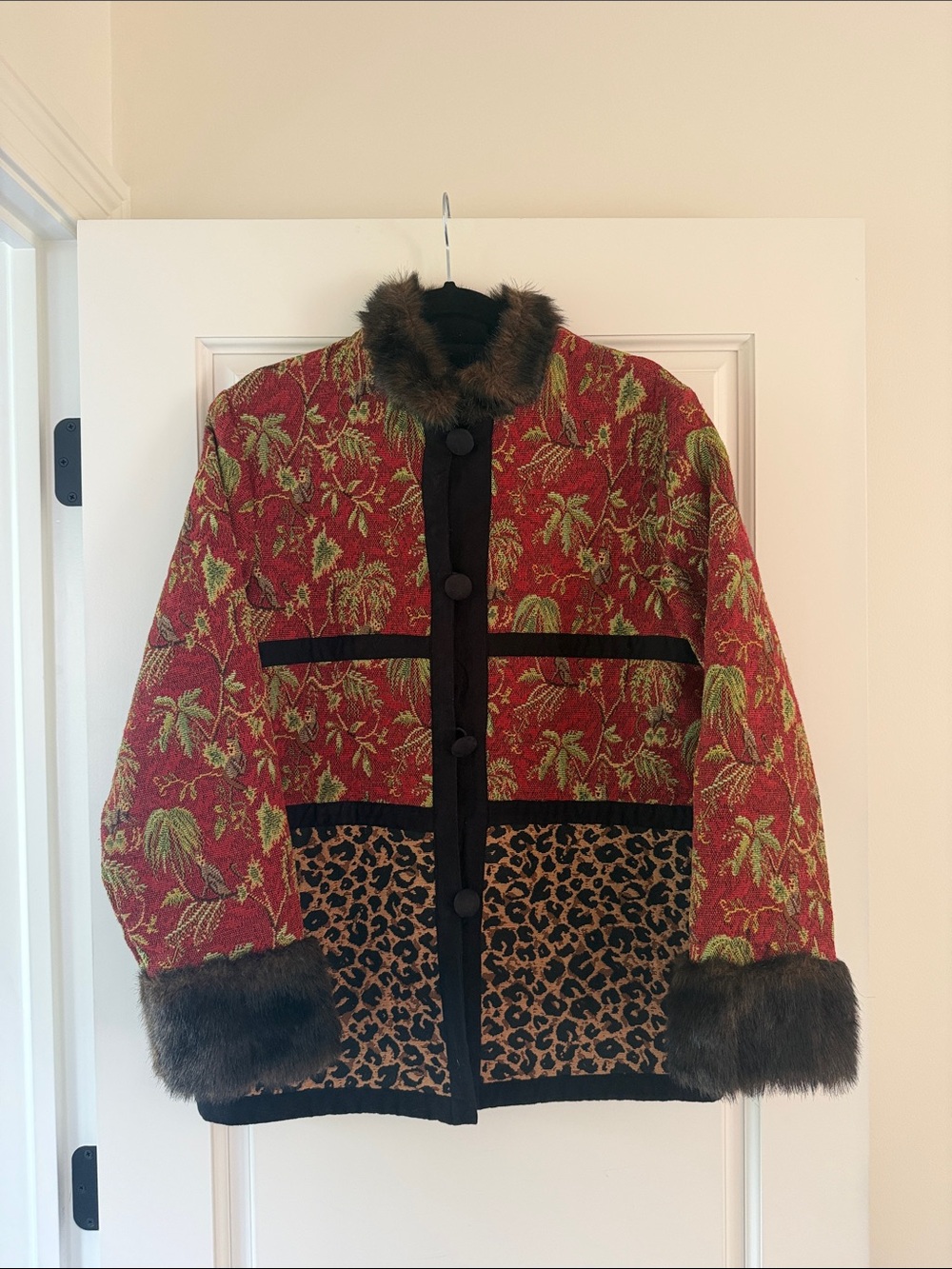 Neiman Marcus tapestry coat with faux fur